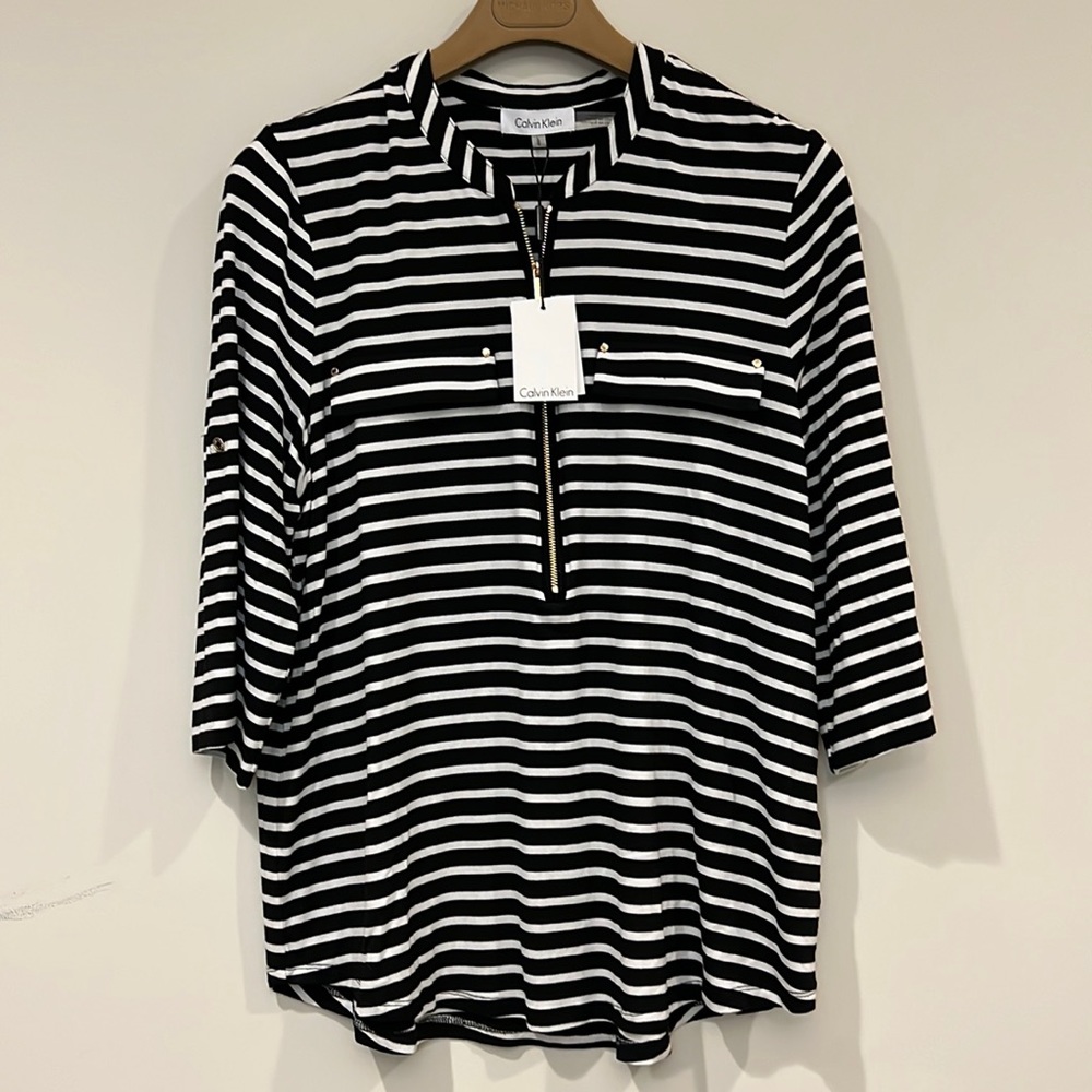 CALVIN KLEIN Black and White Striped Top Size L